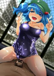 ahe_gao bar_censor bare_shoulders blue_eyes blue_hair blue_sky breasts cabbie_hat censored chain-link_fence collarbone covered_nipples cowgirl_position cum cum_in_pussy double_v drooling female female_ejaculation fence flanvia fucked_silly hair_bobbles hair_ornament hat heart heart-shaped_pupils highres large_breasts male_pubic_hair nipple_slip nipples nitori_kawashiro off_shoulder one-piece_swimsuit open_mouth penis pubic_hair pussy_juice saliva school school_swimsuit sex shiny shiny_clothes short_hair short_twintails skindentation sky solo_focus straddling straight strap_slip sweat sweatdrop swimsuit symbol-shaped_pupils tears tied_hair tongue tongue_out torogao touhou twintails v vaginal_penetration