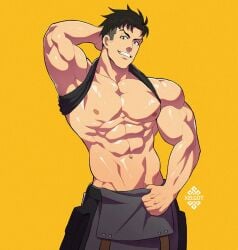 1boy abs armpit bara black_hair brown_eyes gay hands_behind_head human human_only looking_at_viewer male male_only muscle muscles muscular muscular_male nipples obi_akitaru pecs short_hair simple_background smile smiling smiling_at_viewer watermark xelgot yellow_background