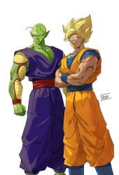 2boys age_difference blonde_hair dragon_ball dragon_ball_z green_skin muscular muscular_male piccolo son_goku super_saiyan