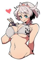 belly belly_button bikini blue_eyes breasts collar elphelt_valentine gloves guilty_gear guilty_gear_strive headband itsuka_neru looking_at_viewer tongue_out tummy white_bikini white_hair