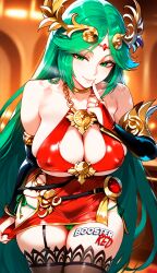 adjusting_panties ai_generated bare_shoulder bodycon boosterred99 bridal_gauntlets cameltoe cleavage clothing_cutout covered_navel covered_nipples cutout female female_only green_eyes green_hair jewelry kid_icarus kid_icarus_uprising large_breasts latex_panties long_hair nintendo palutena palutena_(cosplay) post-timeskip red_dress ring seductive_smile shiny_clothes side-tie_panties side_locks sideboob skirt solo stockings tiara underboob wavy_hair
