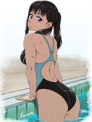 ass back back_view bare_arms bare_legs bare_shoulders bare_thighs big_breasts black_hair blush breasts competition_swimsuit enen_no_shouboutai getting_out_of_pool head_turned long_hair muscular_female one_piece_swimsuit open_mouth oze_maki partially_submerged ponytail purple_eyes solo_female swimsuit thighs varon666 water wet_body wet_hair