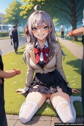 2boys1girl after_sex ai_generated alisa_mikhailovna_kujou ariavisions blue_eyes cum cum_in_pussy cum_inside cum_on_face grin public_nudity pussy roshidere sitting tokidoki_bosotto_russian_de_dereru_tonari_no_alya-san uncensored white_hair