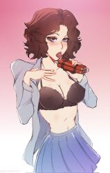 1girls big_breasts black_bra black_hair blue_eyes blush bra commission dynamite female female_focus female_only gradient_background heathers heathers_musical licking looking_at_viewer nipples_visible_through_clothing skirt veronica_sawyer