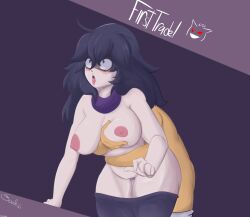 1boy 1girls 2d 2d_(artwork) alternate_version_available ambiguous_penetration big_breasts blue_eyes blush breast_grab breasts_out eyes_rolling_back from_behind hex_maniac long_hair nude_male obscured_face pale-skinned_female pants_down pokemon pubic_hair purple_hair saliva scarf shadow_over_eyes shadow_soulless simple_background swirly_eyes tongue_out