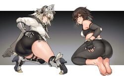 2girls arknights ass congopostvi fartooth_(arknights) female female_only plume_(arknights) plume_(easy_time)_(arknights) sports_bra