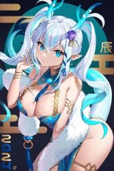 anzumame blue_eyes blue_hair bracelet braid breasts cleavage dragon_girl dragon_horns dragon_tail dress earrings female_only flower hair_ornament highres horns jewelry large_breasts long_hair original revealing_clothes ribbon smile solo tail tassel year_of_the_dragon