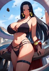 ai_due ai_generated black_hair blue_eyes boa_hancock breasts cleavage female female_only huge_breasts large_breasts long_hair one_piece solo thick_thighs thighs