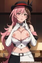 ai_generated aindroidparanoid bedroom bicolored_hair big_breasts breasts brown_eyes brown_hair hat heterochromia huge_breasts indoors large_breasts narrow_waist neo_(rwby) nipples pink_eyes pink_hair rwby slim_waist stable_diffusion