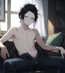 1boy abs ai_generated arm_rest backlighting black_hair black_pants book bookshelf bungo_stray_dogs bungou_stray_dogs chair closed_mouth collarbone couch curtains day forehead grey_eyes indoors looking_at_viewer male male_focus male_only male_pubic_hair multicolored_hair navel nipples on_couch open_fly open_pants pants pubic_hair pubic_hair_peek ryuunosuke_akutagawa short_hair sidelocks sitting solo solo_male soraka-31 spread_legs sunlight toned topless_male two-tone_hair unzipped window zipper