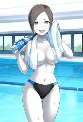 1girls ai_generated areolae armpits arms_up belly_button bikini_bottom black_hair blush bottle breasts clavicle clothing colored_skin cowboy_shot erect_nipples female gray_hair grey_eyes grey_hair happy holding_bottle holding_object holding_water_bottle indoors long_hair medium_breasts navel nintendo nipples nude open_mouth pale-skinned_female pale_skin ponytail pool short_hair smile solo_focus sweat tied_hair topless towel water water_bottle white_skin wii_fit wii_fit_trainer