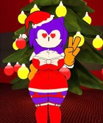 1girls anthro big_breasts bowtie breasts christmas christmas_clothing christmas_outfit christmas_tree female female_anthro female_only friday_night_funkin friday_night_funkin_mod gloves heart-shaped_pupils hedgehog hedgehog_girl hedgehog_humanoid needlemouse_(character) needlemouse_(series) orange_gloves peace_sign purple_fur santa_hat sarah_henderson_(needlemouse) thick_thighs thighs