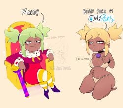 2girls artist_name bikini blonde_hair bodysuit brawl_stars breasts candy chair chester_(brawl_stars) choker crop_top crown dark-skinned_female dark_skin female green_hair hairband half-closed_eyes kneeling lollipop looking_at_viewer mandy_(brawl_stars) medium_breasts shoes short_hair sitting smile smug socks text thighs twintails zivstarxs