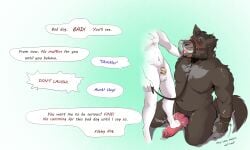 5:3 aennor aennor_(character) animal_genitalia anthro bai_se_(aennor) black_body blush blush_lines bodily_fluids canid canine canine_genitalia canis cbt chastity_cage chastity_device chest_tuft cock_and_ball_torture collar dialogue dirty_talk dominant dripping english_text feet foot_fetish foot_on_penis foot_play fox fur genital_fluids genitals grey_body grey_fur hair hi_res kneeling leash leash_pull leashed_collar locktober male male/male mammal muzzle_(object) penis ponytail precum precum_drip romantic romantic_couple sex simple_background size_difference solo speech_bubble tagme text tongue tongue_out tuft white_background white_body wolf