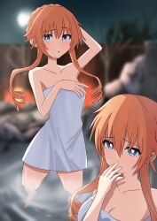 2d 2girls breasts cloak date_a_live female_only gray_eyes light-skinned_female long_hair onsen orange_hair thighs twins yamai_kaguya yamai_yuzuru