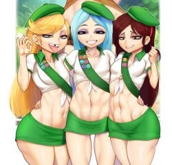 4girls abs andrea_davenport big_ass big_breasts big_thighs blonde_hair blue_hair brown_hair camp camping dogiflan forest forest_background forest_sex girl_scout lola_loud multiple_girls red_hair sid_chang the_ghost_and_molly_mcgee the_loud_house uniform white_skin