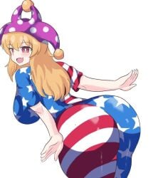 american_flag big_breasts big_butt blonde_hair blush butt clownpiece fairy female godkami17 jester_cap looking_back red_eyes short_sleeves showing_off showing_off_butt smile star_print striped_clothes touhou