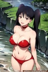 1girls ai_generated aindroidparanoid big_breasts bikini black_hair breasts brown_eyes cameltoe covered_nipples female female_only jujutsu_kaisen large_breasts nipples nobuko_takada river solo stable_diffusion swim twintails water wet