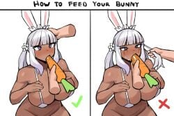 blush carrot dark_skin disembodied_hand donburikazoku female female_only final_fantasy_xiv hands_on_breasts rabbit_ears rabbit_girl running_mascara string_bikini tagme vegetable viera