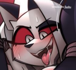 cropped drool drooling furry helluva_boss jizoku loona_(helluva_boss) red_eyes suggestive tongue tongue_out white_fur