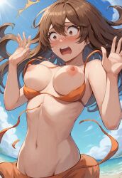 ai_generated beach bikini bikini_malfunction blush breasts breasts_out brown_eyes brown_hair civitai embarrassed exposed_breasts guilty_gear hands_up long_hair may_(guilty_gear) medium_breasts midriff nipples open_mouth orange_bikini outdoors skirt surprised wardrobe_malfunction wide_eyed yelling