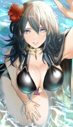 1girls alternate_costume bikini black_bikini black_swimsuit blue_eyes byleth_(fire_emblem) byleth_(fire_emblem)_(female) byleth_(summer)_(fire_emblem)_(female) cleavage fire_emblem fire_emblem:_three_houses fire_emblem_heroes inusukino1 large_breasts looking_at_viewer nintendo official_alternate_costume swimsuit teal_hair