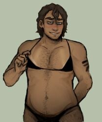 1boy _lexin_ bikini black blush boyfriend_to_death brown_hair brown_skin dad_bod hairy hairy_male lexin male male_only nervous_smile soft_belly solo solo_male strade tanline tattoo yellow_eyes