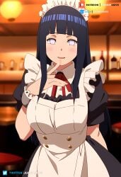 ai_generated bar big_breasts blush curvy curvy_figure dark_blue_hair hyuuga_hinata juanpi_amvs long_hair looking_at_viewer maid maid_headdress maid_outfit maid_uniform naruto naruto_(series) naruto_shippuden patreon patreon_username tavern violet_eyes watermark