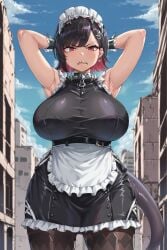 1female 1girls ai_generated angry angry_expression angry_eyes angry_face armpits big_breasts breasts city city_background cityscape commentary_request ellen_joe english_commentary female female_only light-skinned_female light_skin maid maid_headdress maid_outfit maid_uniform mixed-language_commentary outdoors outside shark_tail short_hair solo solo_female standing zenless_zone_zero