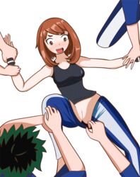 1girls assisted_exposure blush brown_eyes brown_hair embarrassed green_hair imminent_rape imminent_sex izuku_midoriya multiple_boys my_hero_academia ochako_uraraka open_mouth pantsing pulled_by_another pussy tears u.a._gym_uniform undressing_another