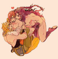 3boys abs battle_tendency blush bottomless buff curly_hair dio_brando holding_hips jojo's_bizarre_adventure kars licking long_hair looking_back male_only muscular muscular_male noriaki_kakyoin on_floor on_knees partially_clothed pecs sandwiched sitting sitting_on_lap stardust_crusaders three_on_one threesome toned toned_male topless yaoi