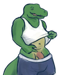 1boy alligator alligatorid anthro clothed clothing crocodilian genitals humanoid_genitalia humanoid_penis male male_only maodun partially_clothed penis reptile scalie shirt slightly_chubby solo tank_top topwear underwear underwear_down