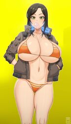 1girls 2020 big_breasts bikini black_hair bubble_gum cd_projekt_red costume crossover cybernetics cyberpunk cyberpunk_(series) cyberpunk_2077 female female_only handplug idolmaster idolmaster_cinderella_girls jacket looking_at_viewer mukai_takumi simple_background solo swimsuit yellow_eyes