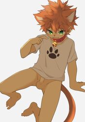 animal_humanoid balls bell bottomless cat_ear clothed clothing collar erection felid feline genitals green_eyes hair hi_res humanoid ikutsukisakito jingle_bell looking_at_viewer male mammal open_mouth penis shirt sitting solo topwear young