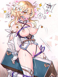 arms_behind_back ball_gag blonde_hair bondage bouncing_breasts bound breasts censored collar cuffs female flower gag gagged genshin_impact hair_flower hair_ornament heart heart_censor lumine_(genshin_impact) nipple_bells nipple_piercing nipples piercing pussy pussy_juice sex_machine solo wooden_horse yellow_eyes zero_hime