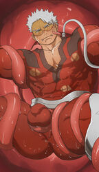 1boy ass bara blush bodysuit boku_no_hero_academia bound bound_arms bound_legs bulge cleavage_cutout clothing_cutout covered_abs fangs flaccid fleshy_tentacle highres kan_sekijirou male_focus male_only muscular muscular_male my_hero_academia nipples pectorals red_bodysuit reward_available salmon_sushi sekijiro_kan short_hair solo spread_legs tentacle tentacle_on_male tentacles_on_male thick_thighs thighs torn_bodysuit torn_clothes vlad_king white_hair