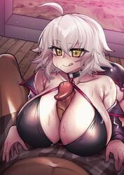 1boy 1girls absurdres ahoge between_breasts bikini black_bikini blush breasts briefs bullying dark-skinned_male dark_skin fate/grand_order fate_(series) female highres huge_breasts interracial jeanne_alter jeanne_d'arc_(alter_swimsuit_berserker) jeanne_d'arc_(fate)_(all) large_penis light-skinned_female light_skin o-ring o-ring_bikini osiimi paizuri penis short_hair silver_hair straight sweatdrop swimsuit underwear yellow_eyes