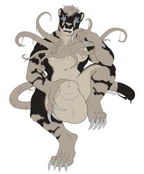 absurd_res anthro balls big_balls bodily_fluids caffeine caffeine_(kofichee) cheetah felid feline genitals hi_res huge_balls hyper hyper_balls hyper_genitalia male mammal muscular muscular_anthro muscular_male nude simple_background smile solo symbiote teeth