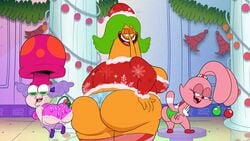 2020 3girls age_difference anthro ass ass_cleavage ass_focus ass_to_ass bbw big_ass bottom_heavy bubble_butt butt_crack cartoon_network chowder christmas christmas_decorations christmas_outfit chubby clothing detailed_background endive fairy fangs feline female female_only flying fully_clothed furry grandmother green_eyes green_hair hat height_assist highres lagomorph larger_female long_ears looking_at_viewer looking_back mature_female mistletoe mushroom mushroom_hat orange_body orange_skin panini panini_(chowder) panties pink_body pink_ears pink_eyes pink_fur print_panties purple_hair purple_legwear rabbit_ears red_clothing round_glasses santa_hat scobionicle99 seductive sideboob smaller_female snowflake teasing text thighhighs toony truffles_(chowder) underwear unknown_species