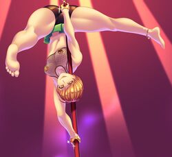 barefoot bike_shorts black_legwear bottomwear brown_hair clothing female fishnet_shirt nipple_pasties no_bra partially_clothed persona persona_4 satonaka_chie seios short_hair shorts sportswear spread_legs stripper stripper_pole sweat tomboy