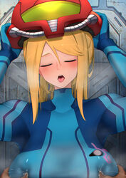 1girls ahe_gao armor blonde_hair blush bodysuit breast_grab breasts closed_eyes female female_only female_protagonist helmet helmet_with_visor hizake kashu_(hizake) lactation lactation_through_clothes looking_pleasured metroid nintendo pov samus_aran tongue_out varia_suit_helmet zero_suit zero_suit_samus