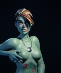 3d artist_request breast_grab breasts brown_hair completely_nude completely_nude_female dog_tags female female_only fondling_breast fortnite ghoul_trooper green_skin groping looking_at_viewer mouth_open multicolored_hair nude nude_female shiny shiny_skin solo solo_female tagme