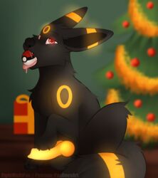 absurd_res bodily_fluids christmas eeveelution feral fightmeatpax fur furry furry_only genitals gift hi_res holidays knot male male_only nintendo penis pokémon_(species) pokemon pokemon_(species) saliva solo tail umbreon video_games