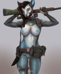 absurd_res anthro belt blue_body blue_fur breasts canid canine canis collar female fox fur furry_only ghost738589 gun hair harness heart_marking hi_res knife mammal mostly_nude nipples pink_collar ranged_weapon reptile rifle roxie scalie snake solo tactical_nudity weapon wolf