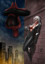 1boy 1boy1girl 1girls alternate_costume alternate_version_available bat-kat0 black_cat_(marvel) busty cleavage costume felicia_hardy female hourglass_figure light-skinned_female light_skin male marvel marvel_comics peter_parker spider-man spider-man_(series) straight straight_hair superheroine voluptuous watermark white_hair