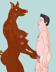 abstract_background anthro balls body_hair bojack_horseman breasts chest_hair domestic_pig duo erection facial_hair female furronika genitals handjob hi_res human human_on_anthro interspecies male mammal maximillian_banks moustache multi_breast netflix nipples nude paige_sinclair penile penis pubes sex straight suid suina sus_(pig)