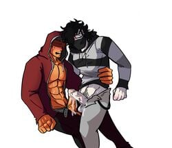 aaron_lycan aphmau_(youtuber) blindfold blush cum_on_body gay grinding hoodie minecraft muscular muscular_male pubic_hair sweatdrop veiny_penis zane_ro'meave