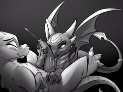activision animal_genitalia animal_penis cynder duo female genitals grey_background greyscale hi_res horn male monochrome oral penis simple_background spyro spyro_the_dragon video_games yurusa