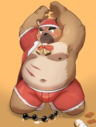 2020 anthro belly black_nose blush bottomwear brown_body brown_fur bulge canid canine canis christmas christmas_clothing christmas_headwear clothing domestic_dog fur hat headgear headwear hi_res holidays kemono male mammal moobs morningbread16 navel nipples overweight overweight_anthro overweight_male santa_hat scar sex_toy shorts simple_background solo tokyo_afterschool_summoners video_games yasuyori