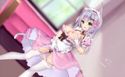 animal_ears apron bell bell_collar blush bow breasts breasts_out cat_ears cat_tail clothed_masturbation clothing collar dutch_angle female frills gloves green_eyes long_hair maid maid_headdress masturbation masturbation_through_clothing nipples original panties puffy_sleeves silver_hair skirt skirt_lift solo stockings tail thighhighs underwear zhao_(pixiv12947327)